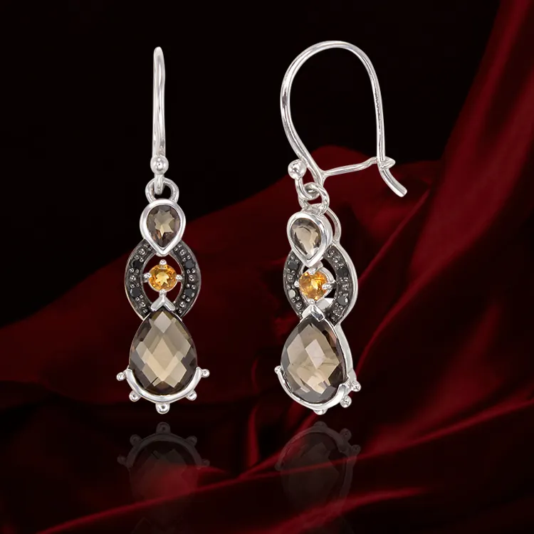 Sophisticated Smoky Quartz, Citrine and Black Diamond Earrings