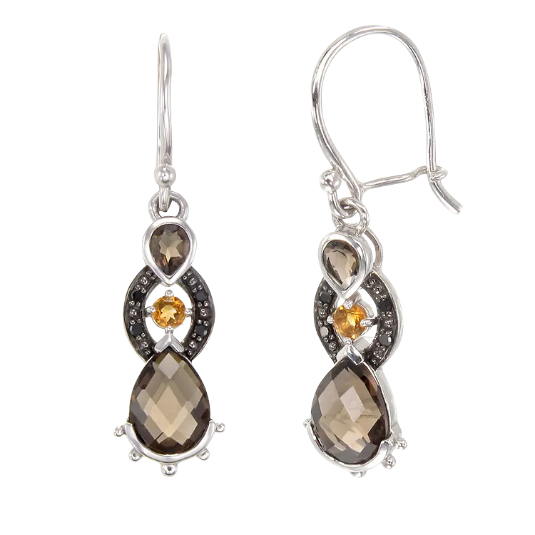 Sophisticated Smoky Quartz, Citrine and Black Diamond Earrings