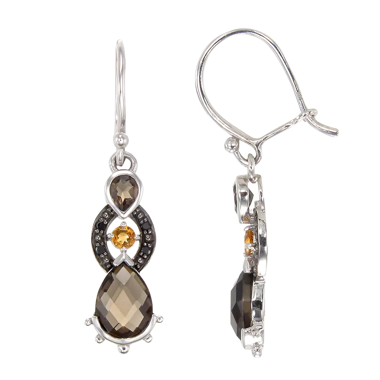 Sophisticated Smoky Quartz, Citrine and Black Diamond Earrings