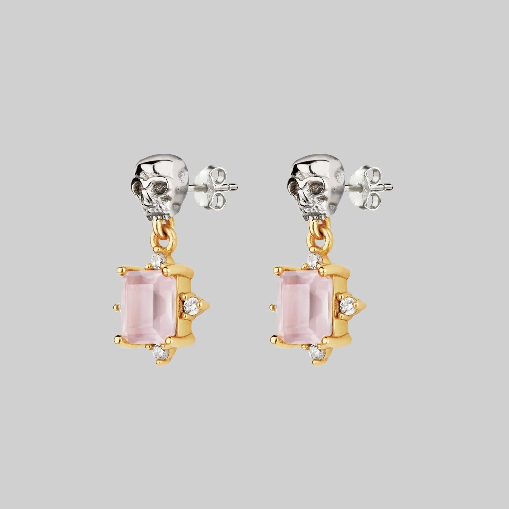 STAR CROSSED LOVERS. Rose Quartz & Skull Earrings - Gold