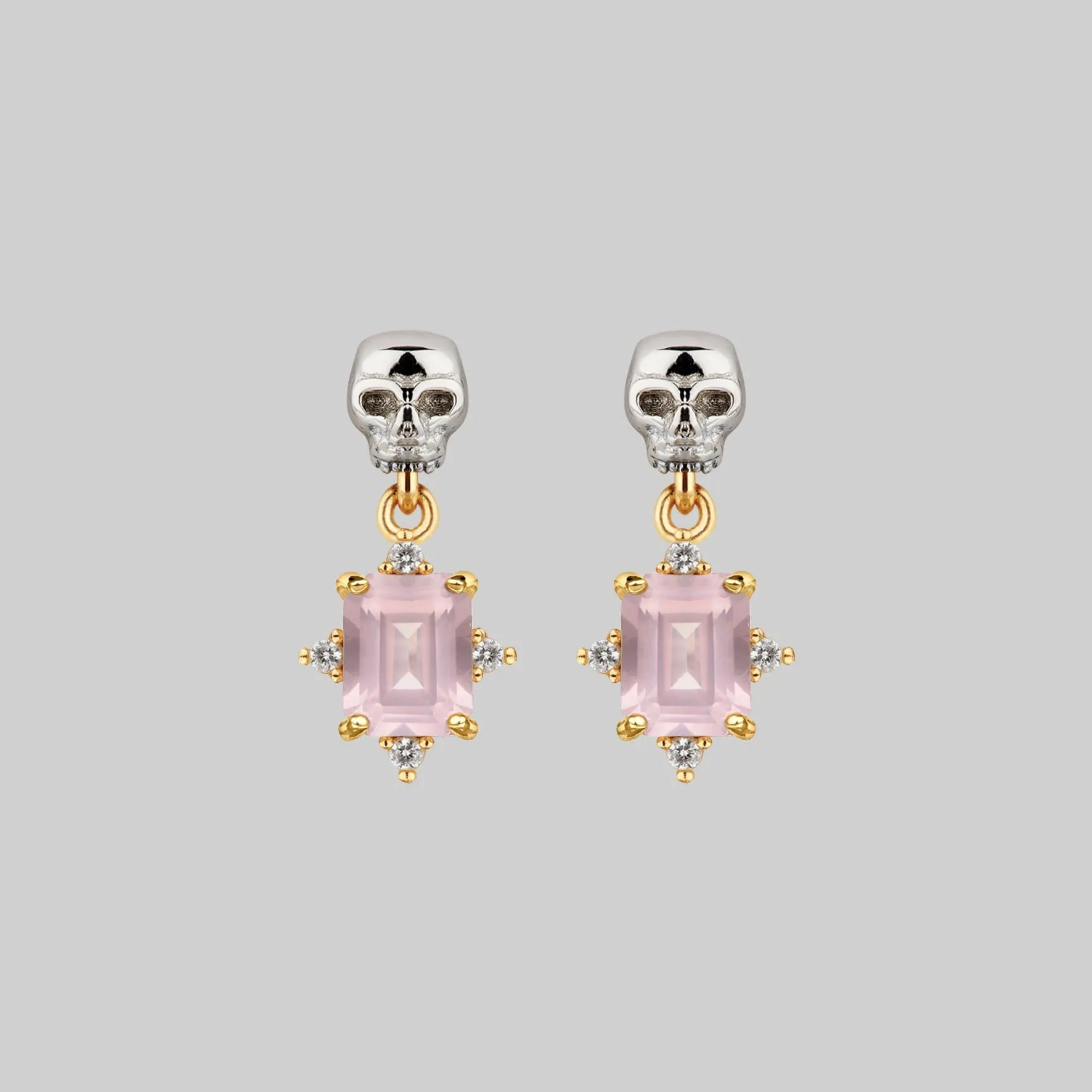 STAR CROSSED LOVERS. Rose Quartz & Skull Earrings - Gold