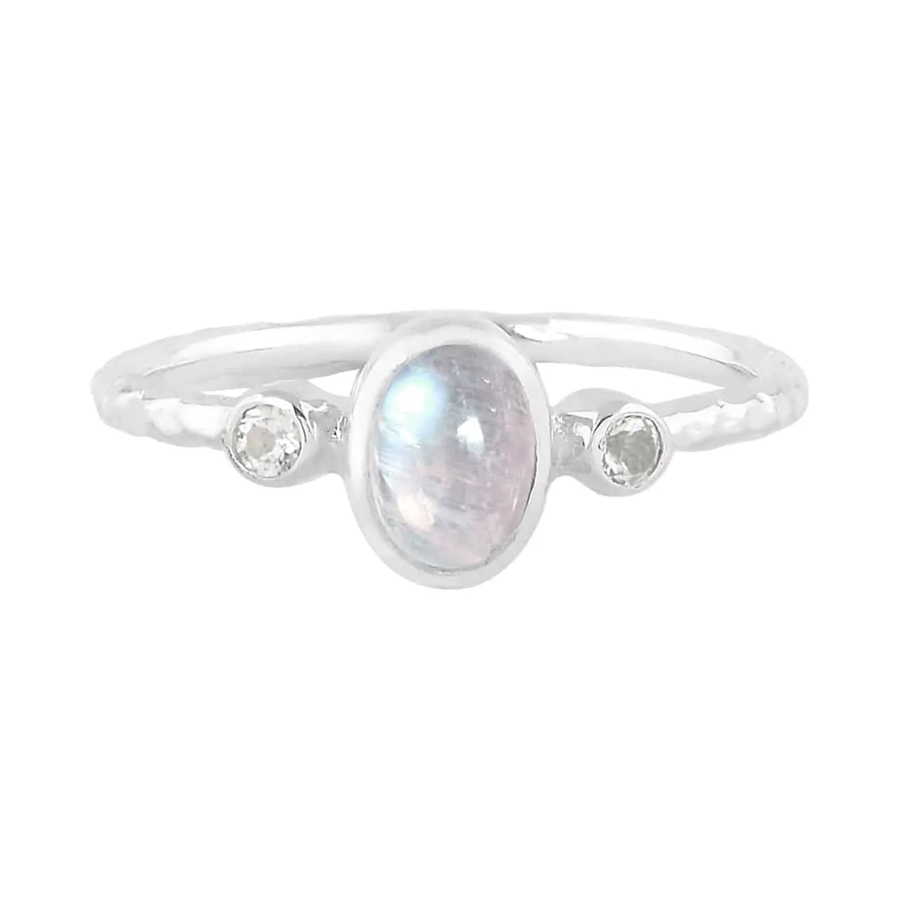 Starborn Rainbow Moonstone Ring with Topaz Accents in Sterling Silver