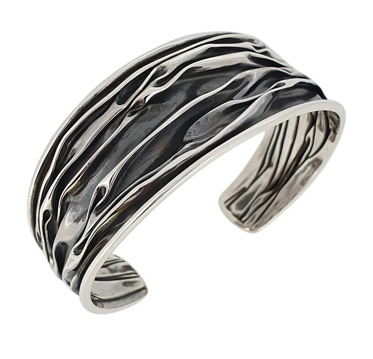 Sterling Silver Crushed Cuff 30mm Bangle Bracelet For Women