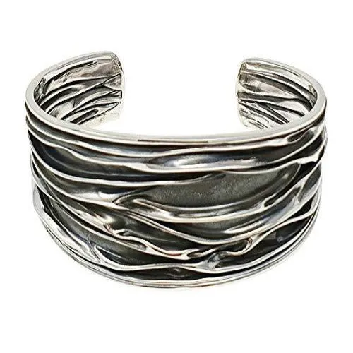 Sterling Silver Crushed Cuff 30mm Bangle Bracelet For Women