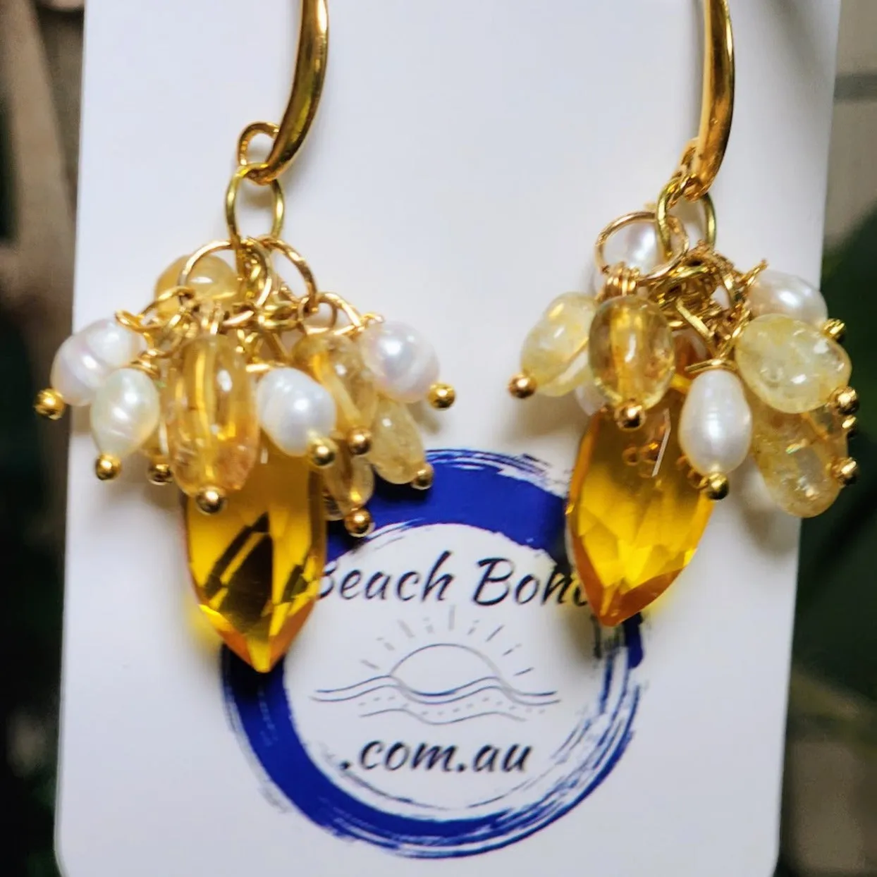 SUN & SEA - CITRINE POLISHED STONE & BABY BAROQUE PEARL HOOK EARRINGS