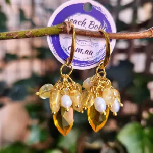 SUN & SEA - CITRINE POLISHED STONE & BABY BAROQUE PEARL HOOK EARRINGS