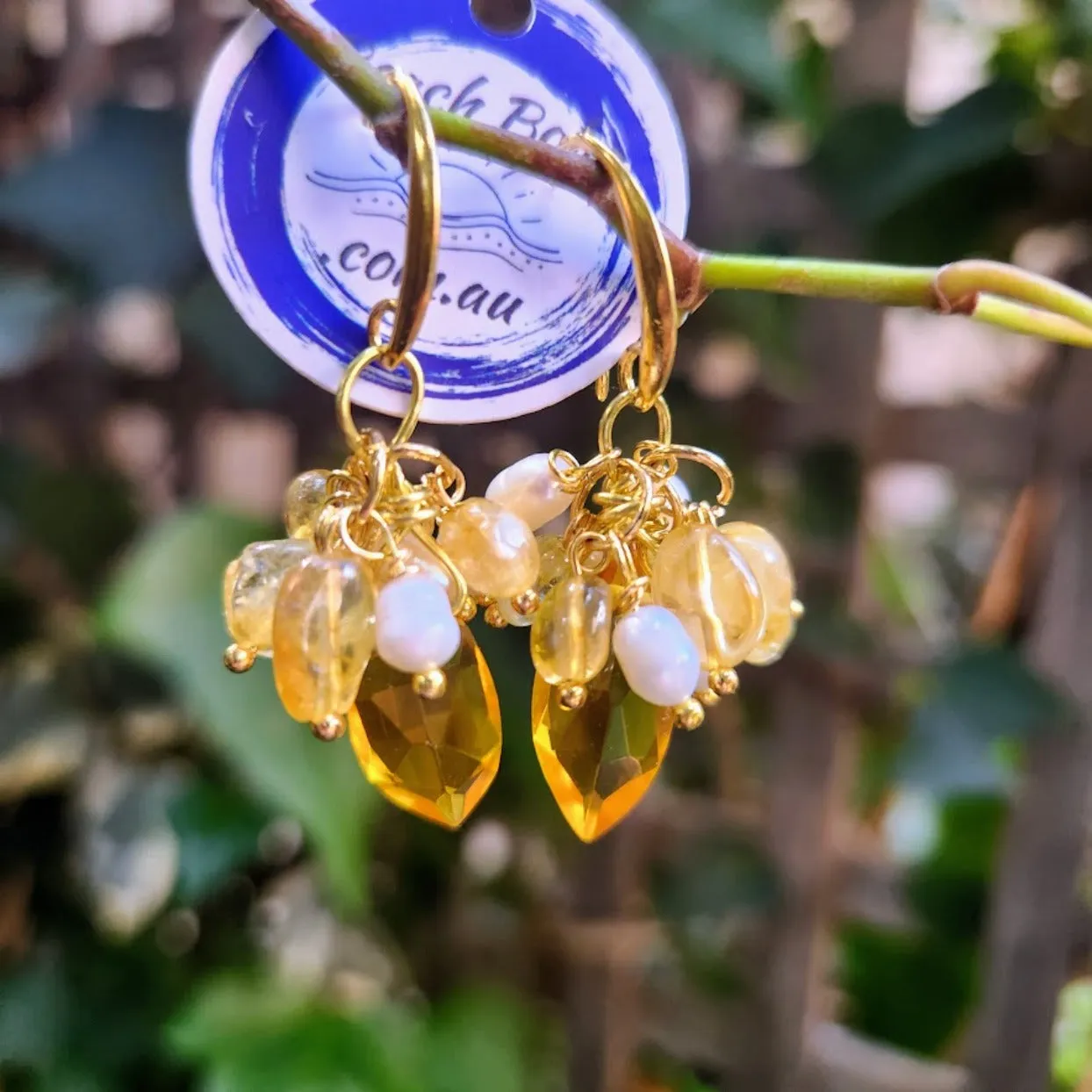 SUN & SEA - CITRINE POLISHED STONE & BABY BAROQUE PEARL HOOK EARRINGS