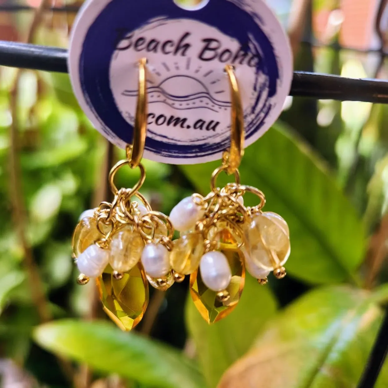 SUN & SEA - CITRINE POLISHED STONE & BABY BAROQUE PEARL HOOK EARRINGS