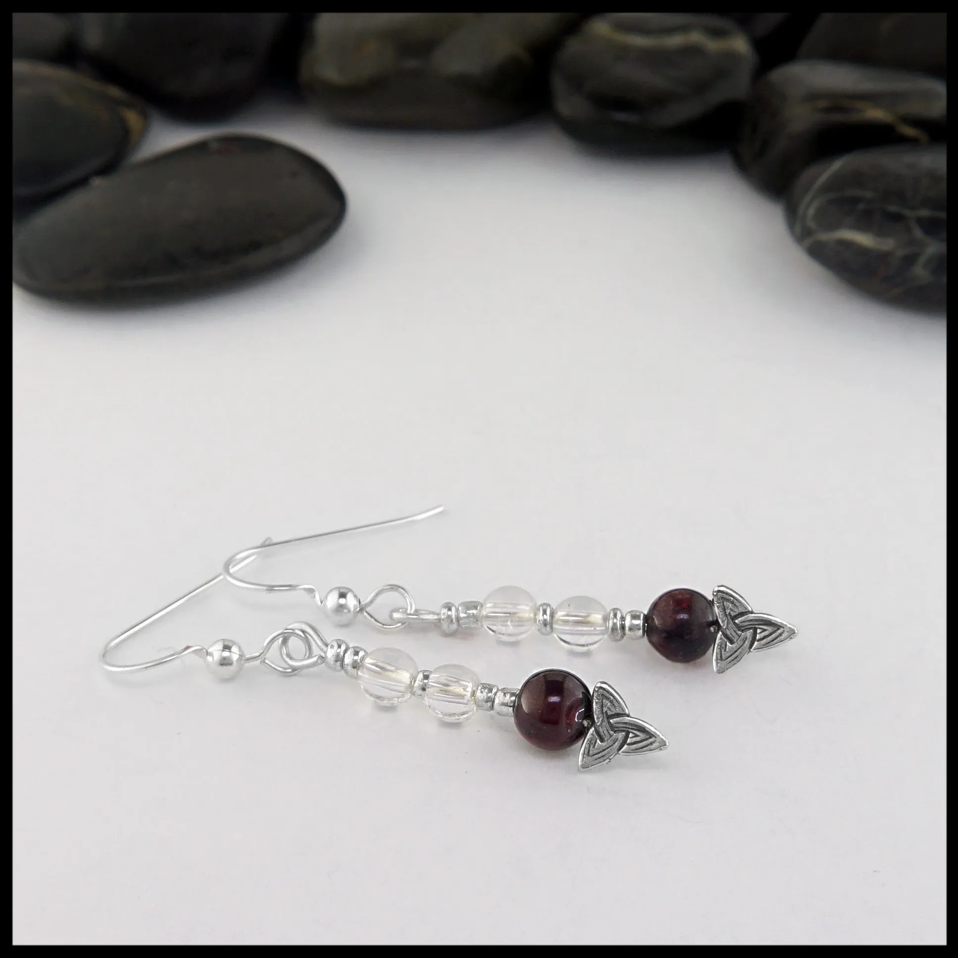 Trinity Knot Earrings with Garnet and Quartz