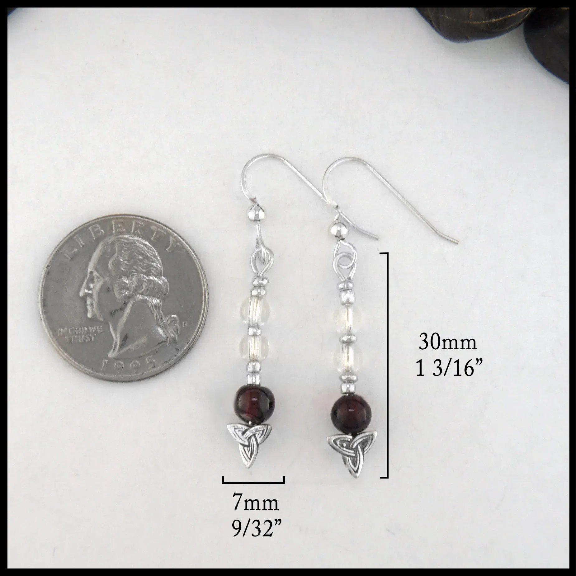 Trinity Knot Earrings with Garnet and Quartz