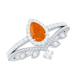 Vintage Inspired Fire Opal Teardrop Wedding Ring Set with Diamond