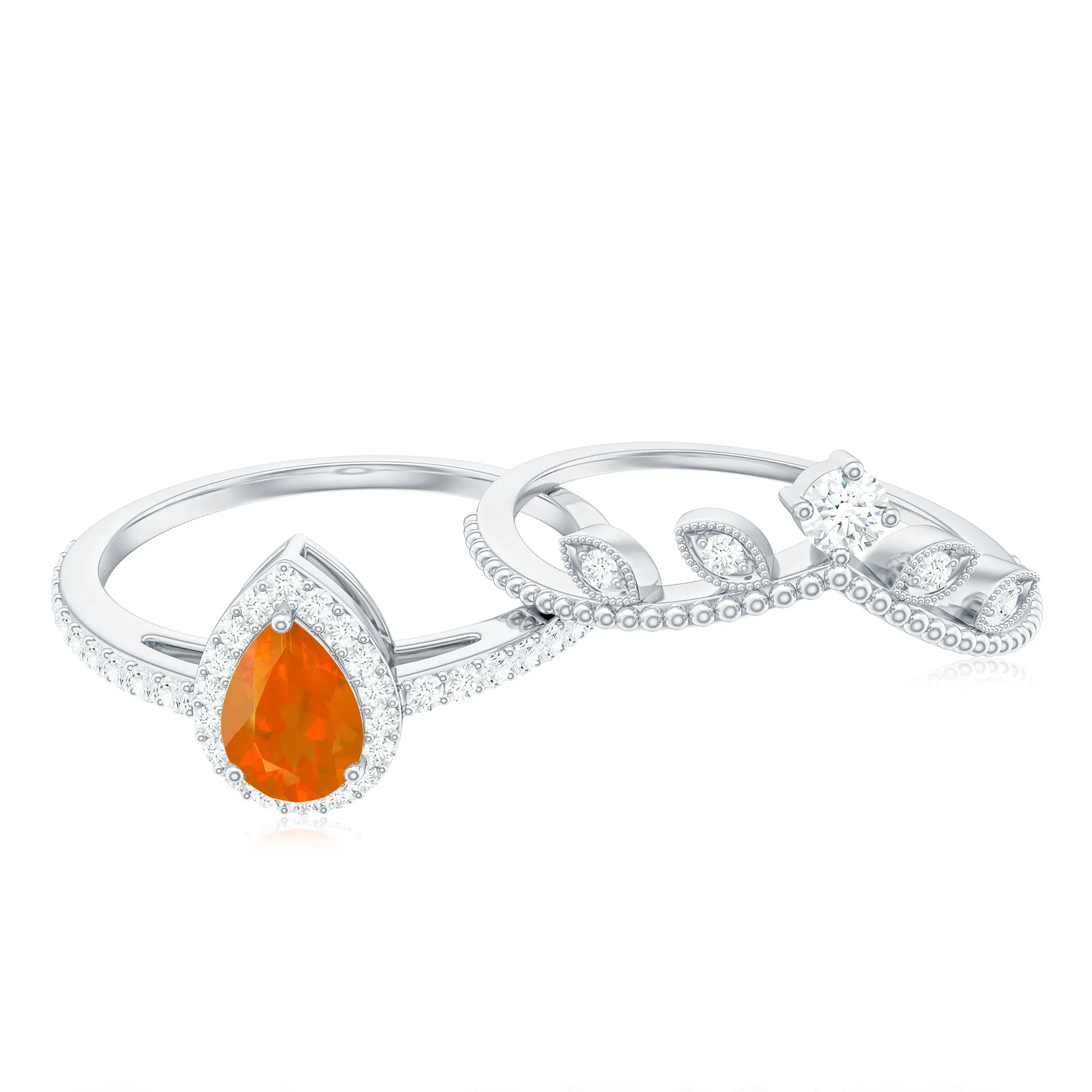 Vintage Inspired Fire Opal Teardrop Wedding Ring Set with Diamond