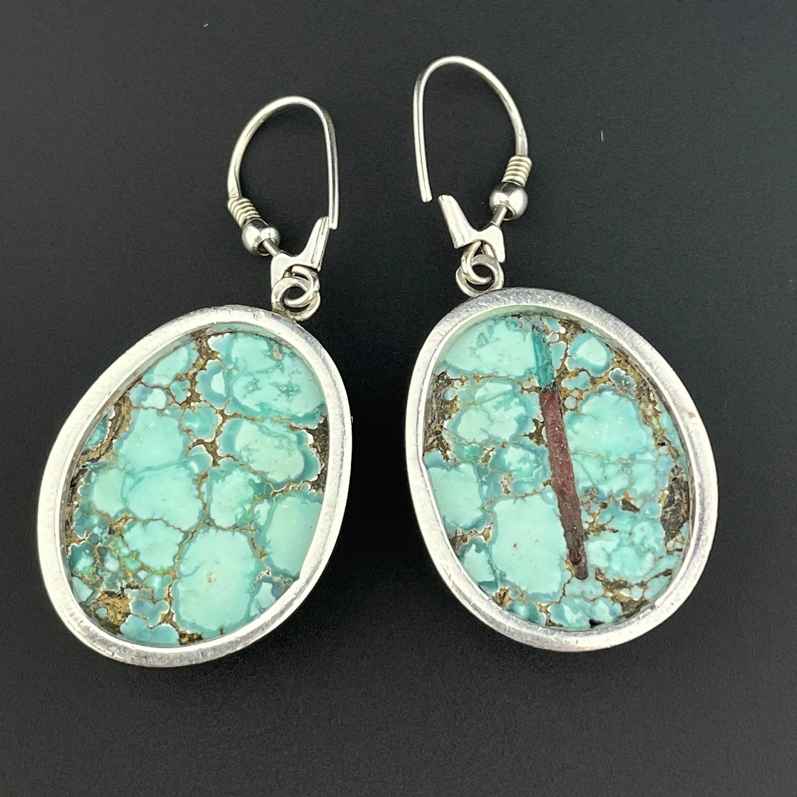 Vintage Large Turquoise Cabochon Sterling Silver Earrings