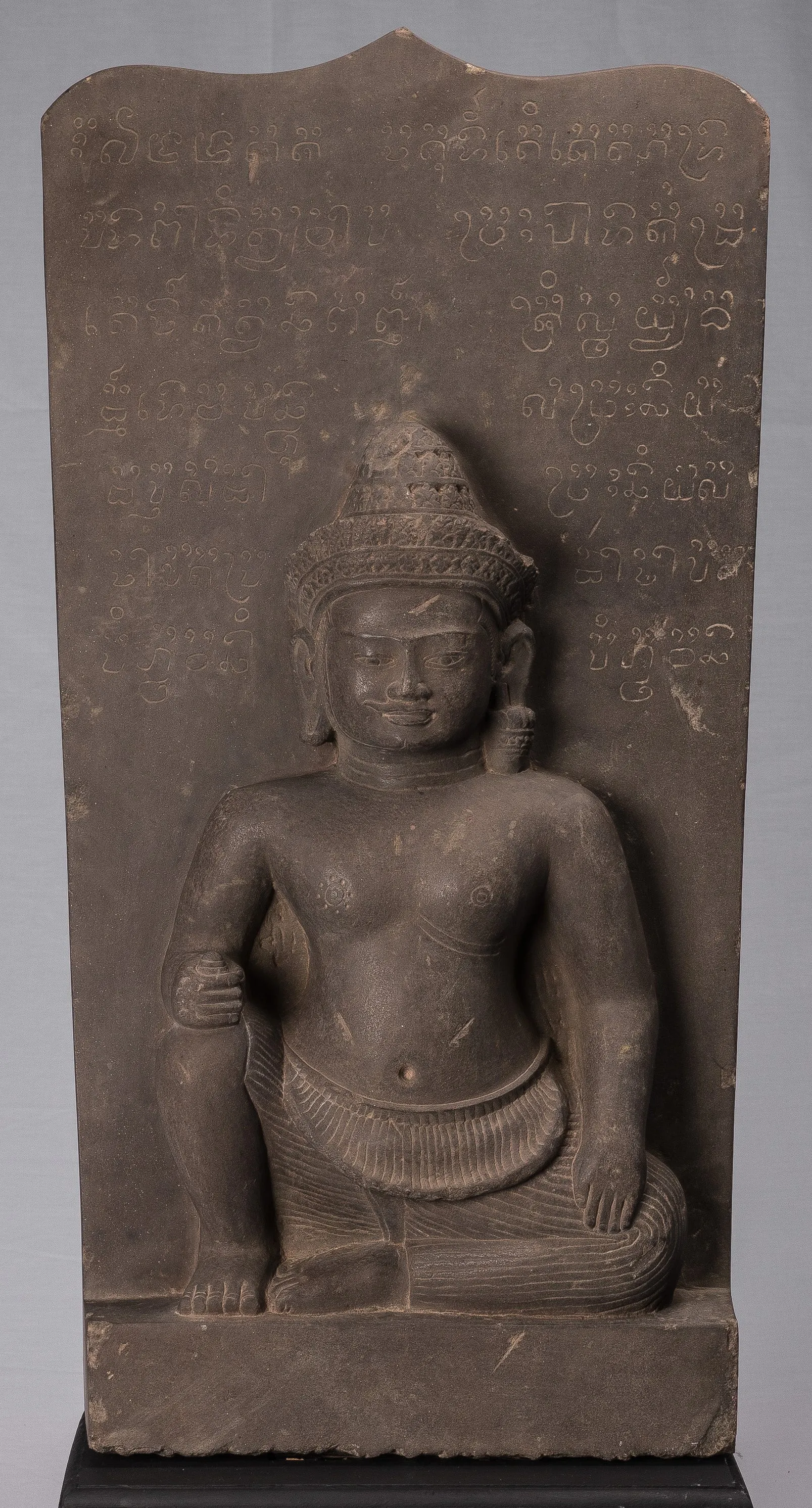 Vishnu Statue - Antique Baphuon Style Stone Seated Khmer Vishnu & Lakshmi Stele  - 80cm / 32"