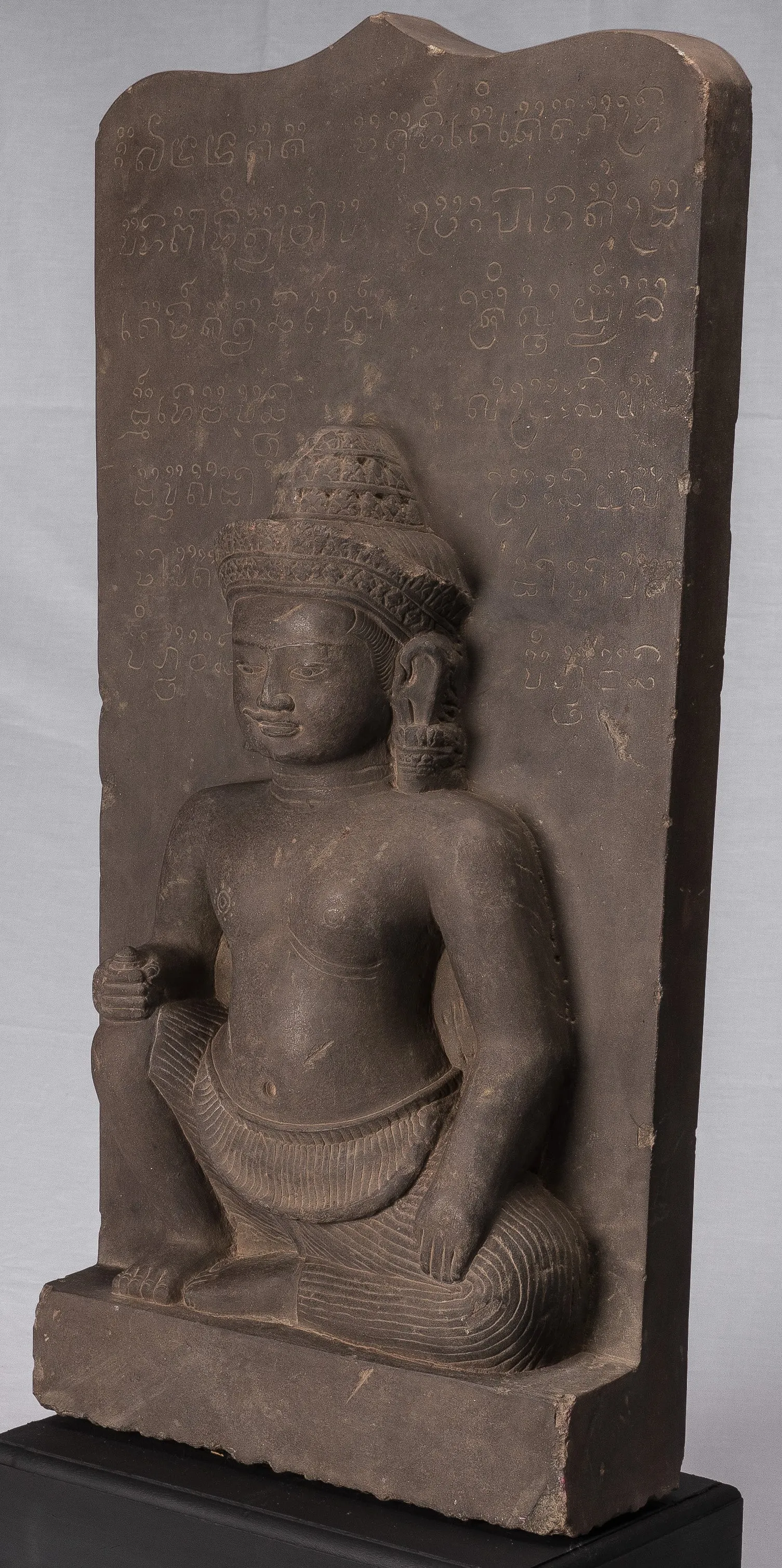 Vishnu Statue - Antique Baphuon Style Stone Seated Khmer Vishnu & Lakshmi Stele  - 80cm / 32"