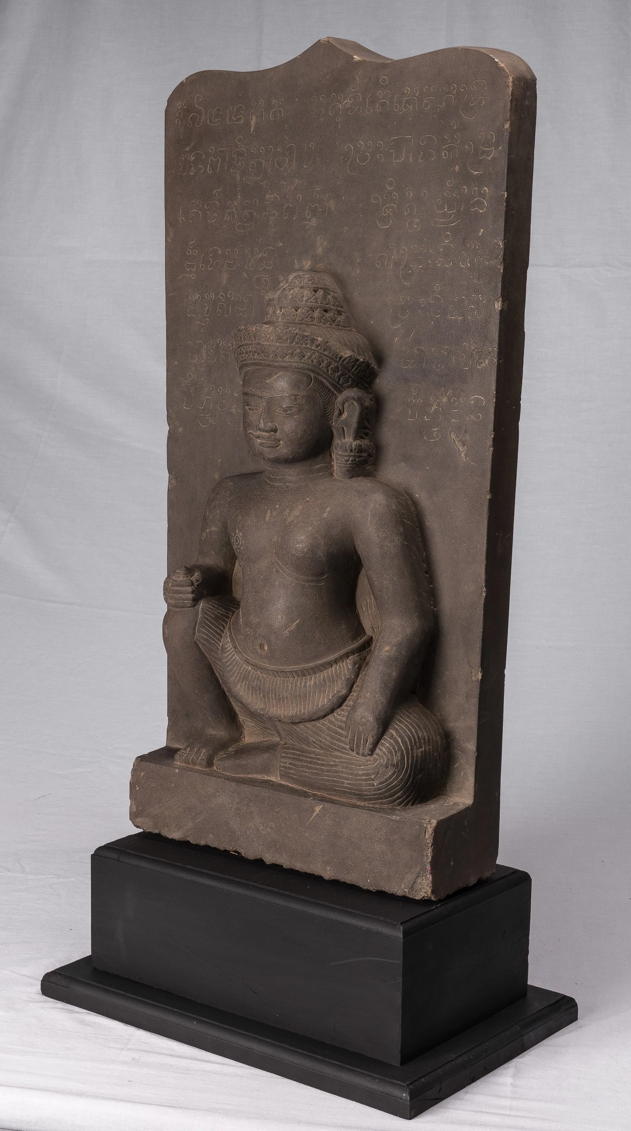 Vishnu Statue - Antique Baphuon Style Stone Seated Khmer Vishnu & Lakshmi Stele  - 80cm / 32"