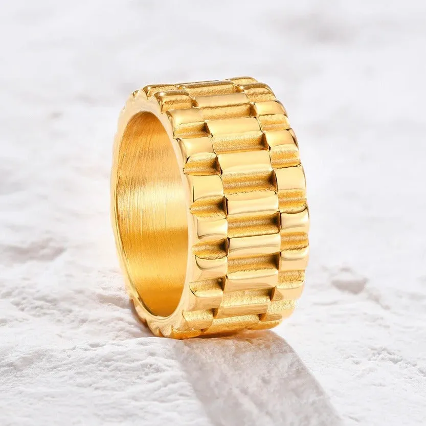 Watchband Textured Wide Cigar Band Ring