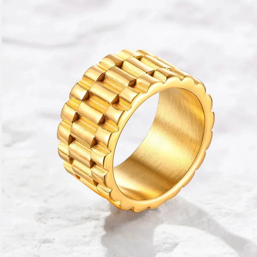 Watchband Textured Wide Cigar Band Ring