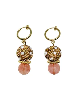 Watermelon Quartz With Rhinestones Bordered Pearls Clip On Earrings GE002