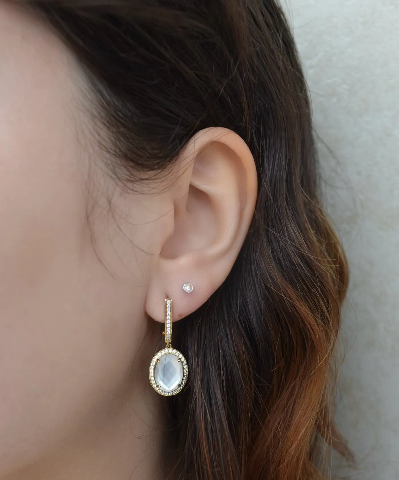 Yellow Diamond Earrings with Clear Quartz over Mother of Pearl