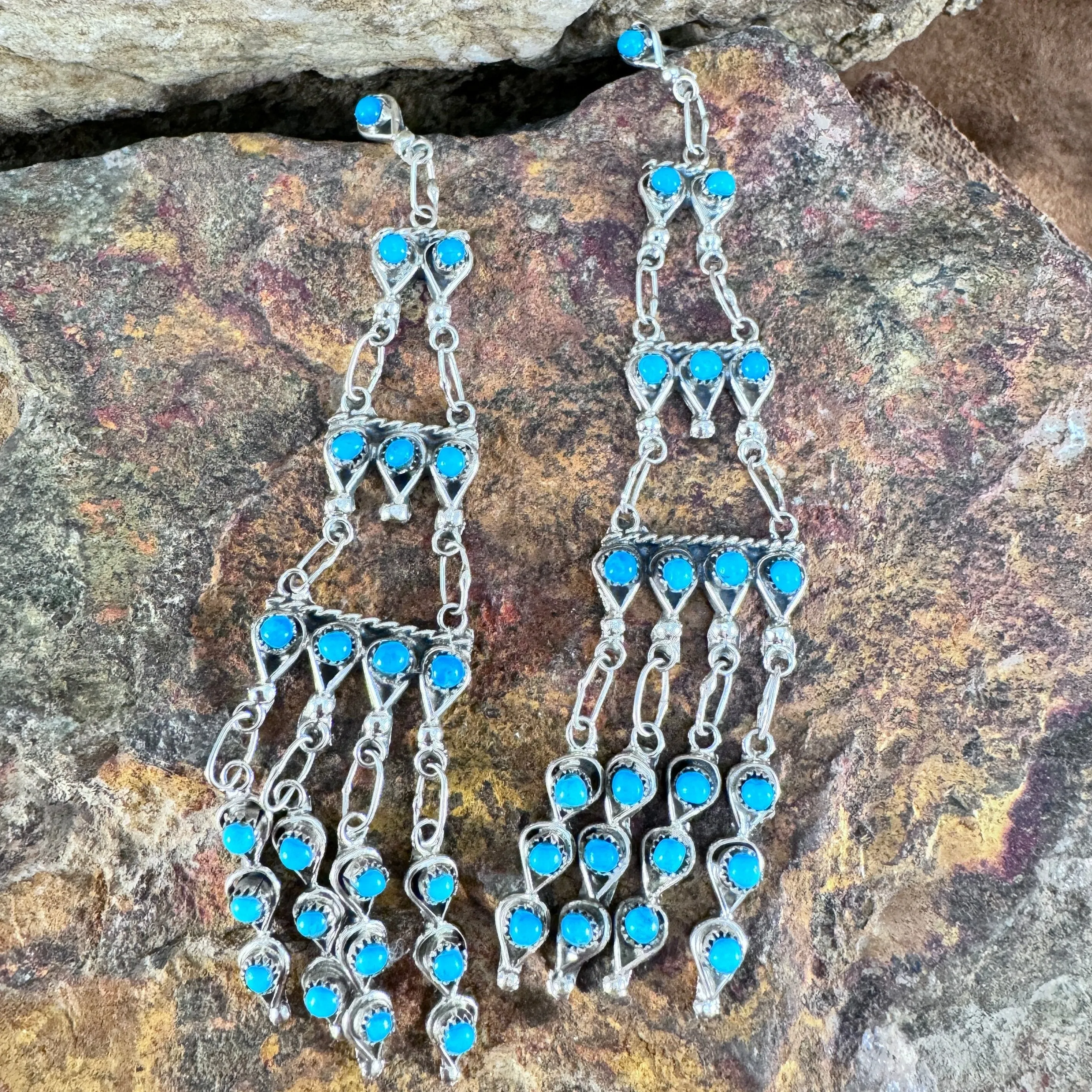 Zuni Sleeping Beauty Turquoise Chandelier Earrings by Waylon Johnson