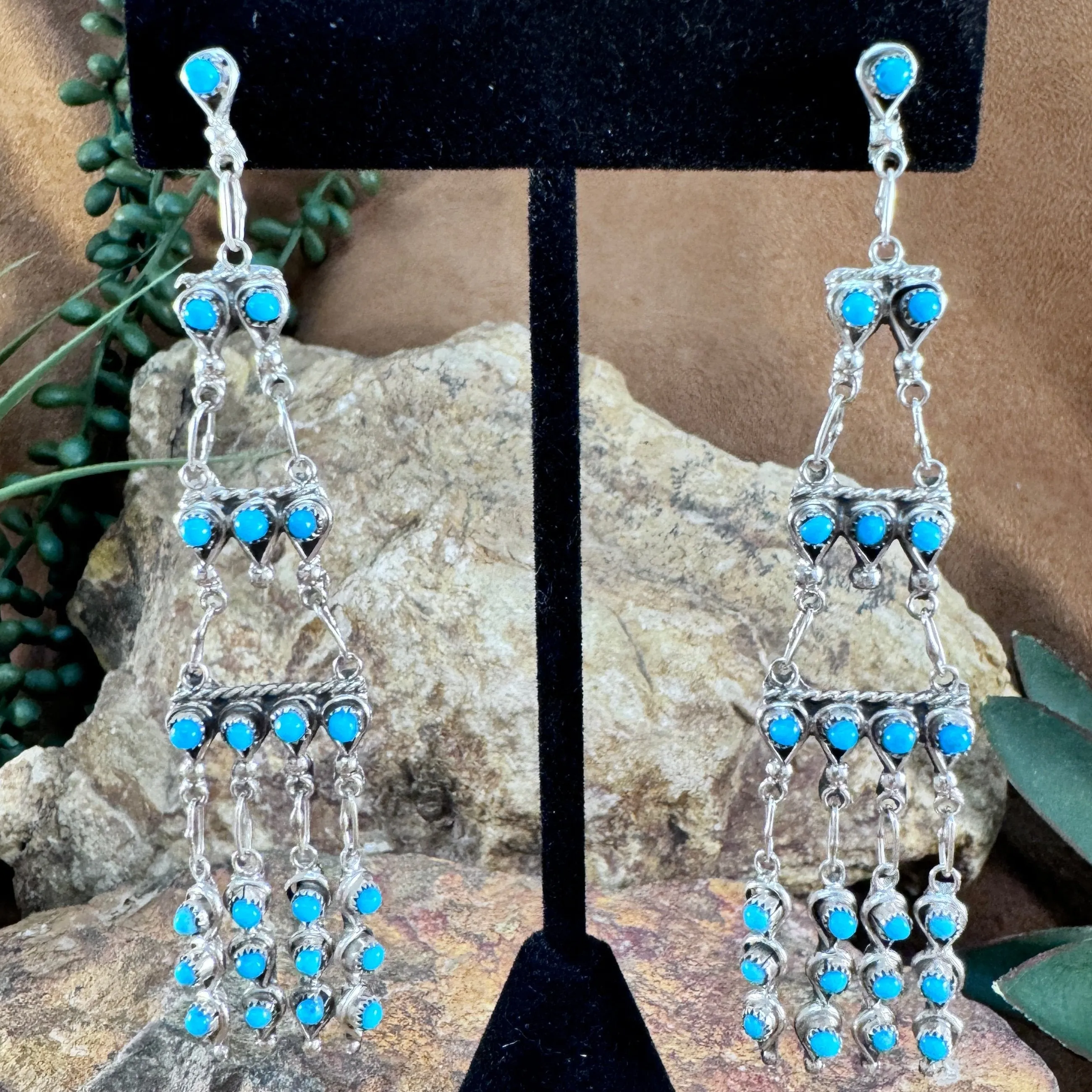 Zuni Sleeping Beauty Turquoise Chandelier Earrings by Waylon Johnson